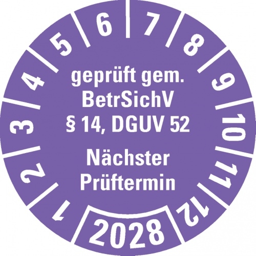 Dreifke® Prüfplakette BetrSichV §14, DGUV52, NP, 2028, violett, Folie, Spezialkleber, Ø30mm, 18 Stk. Image