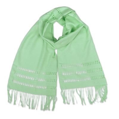 Bright Mint,'Handloomed Mint Green Fringed Cotton Scarf from Peru'