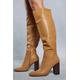 Womens Leather Look Knee High Block Heel Boots - camel - 6, Camel