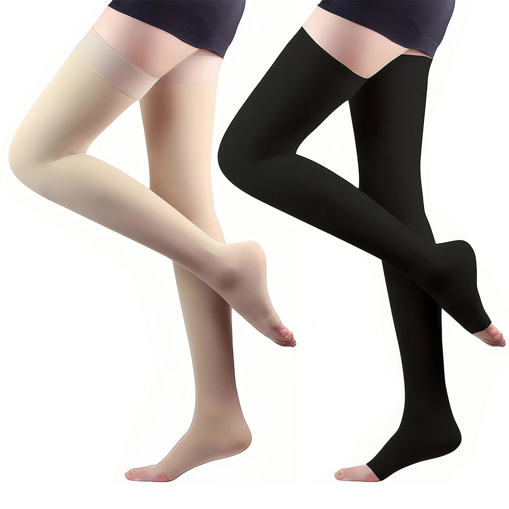 1 Paar Frauen offene Zehen Oberschenkel hohe Kompression strümpfe mit Silikon band 20-30mmhg abgestufte Unterstützung Krampfadern, Ödeme, Flug Image
