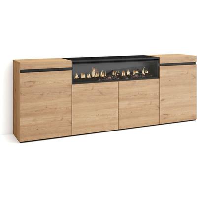 Sideboard, Highboard, Kommode, Komodenschrank, 200x75x35cm, 4 Türen, Elektrokamin. Maße, Moderner Image