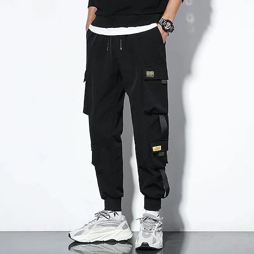 Herren Cargohose Cargohosen Cargohose Jogginghose Jogger Hose Hosen Haremshose Kordelzug Elastische Taille Bein Kordelzug Glatt In voller Länge Casual Täglich Strassenmode HipHop Schwarz Armeegrün Image