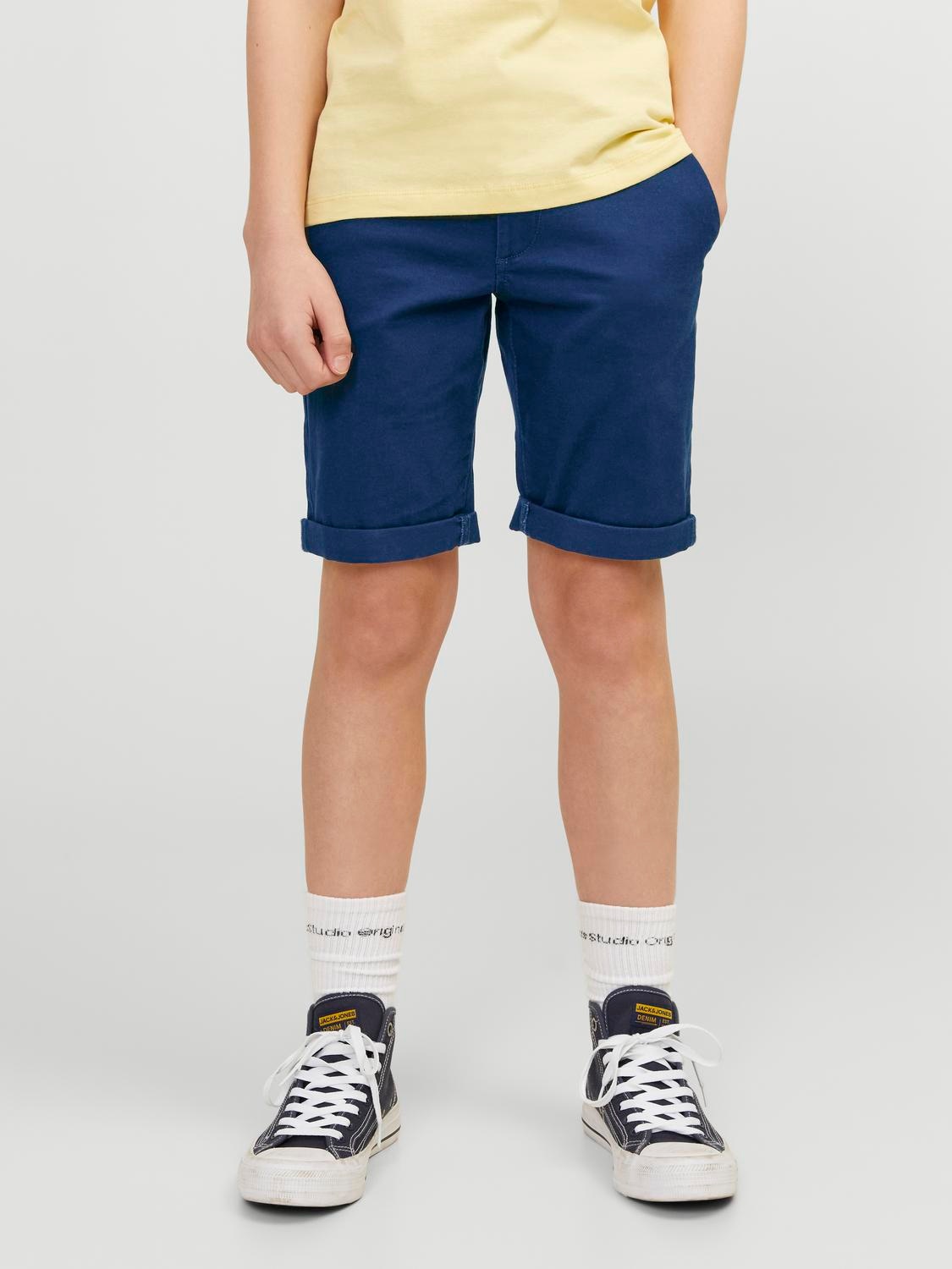 Chinoshorts JACK & JONES JUNIOR "JPSTDAVID JJCHINO SHORTS AKM SN JNR", Jungen, Gr. 170, N-Gr, blau (navy blazer), Web, Obermaterial: 98% Baumwolle, 2% Elasthan, unifarben, Casual, regular fit kniefrei, Hosen Image