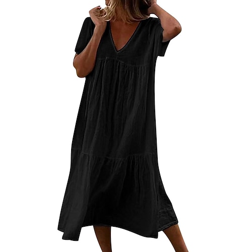 Damen Midikleid Shiftkleid Sommerkleid Weißes Kleid Baumwoll-Leinen-Kleider Lässig Täglich Urlaub Lässiger Schnitt Einfach Kurzarm V Ausschnitt Blau Schwarz Weiß Rosa Sommer Frühling Image