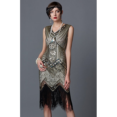 Goldene Zwanziger Glanz Glamour 1920er Knielang Flapper Kleid Kleid Partykostüm Ärmellos Der große Gatsby Charleston Hochzeitsgast Pailletten Quastenfransen Pailletten V Ausschnitt Kostüm Damen Image