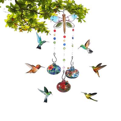 Wind Chime Hummingbird Feeder, Hand Blown Glass Hummingbird feeders for Outdoors Hanging, 6 Feeding Stations, Unique Garden Decor, Hummingbird Gifts