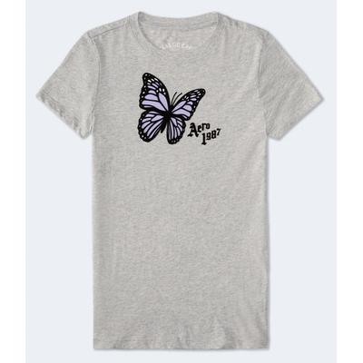 Aeropostale Womens' 1987 Butterfly Flocked Graphic Tee - Grey - Size M - Cotton