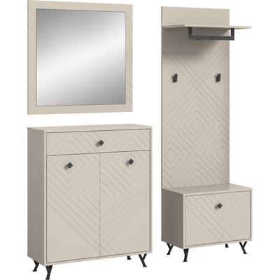 Garderoben-Set INOSIGN "Mento, 4-teilig, Ornamentfräsung in der Front, bestehend aus:", beige (sandbeige), B:195cm H:190cm T:35cm, Holzwerkstoff, MDF, Glas, Kastenmöbel-Sets, Kommode, Spiegel, Sitzbank & Garderobenpaneel, Metall Griffe & Füße Image