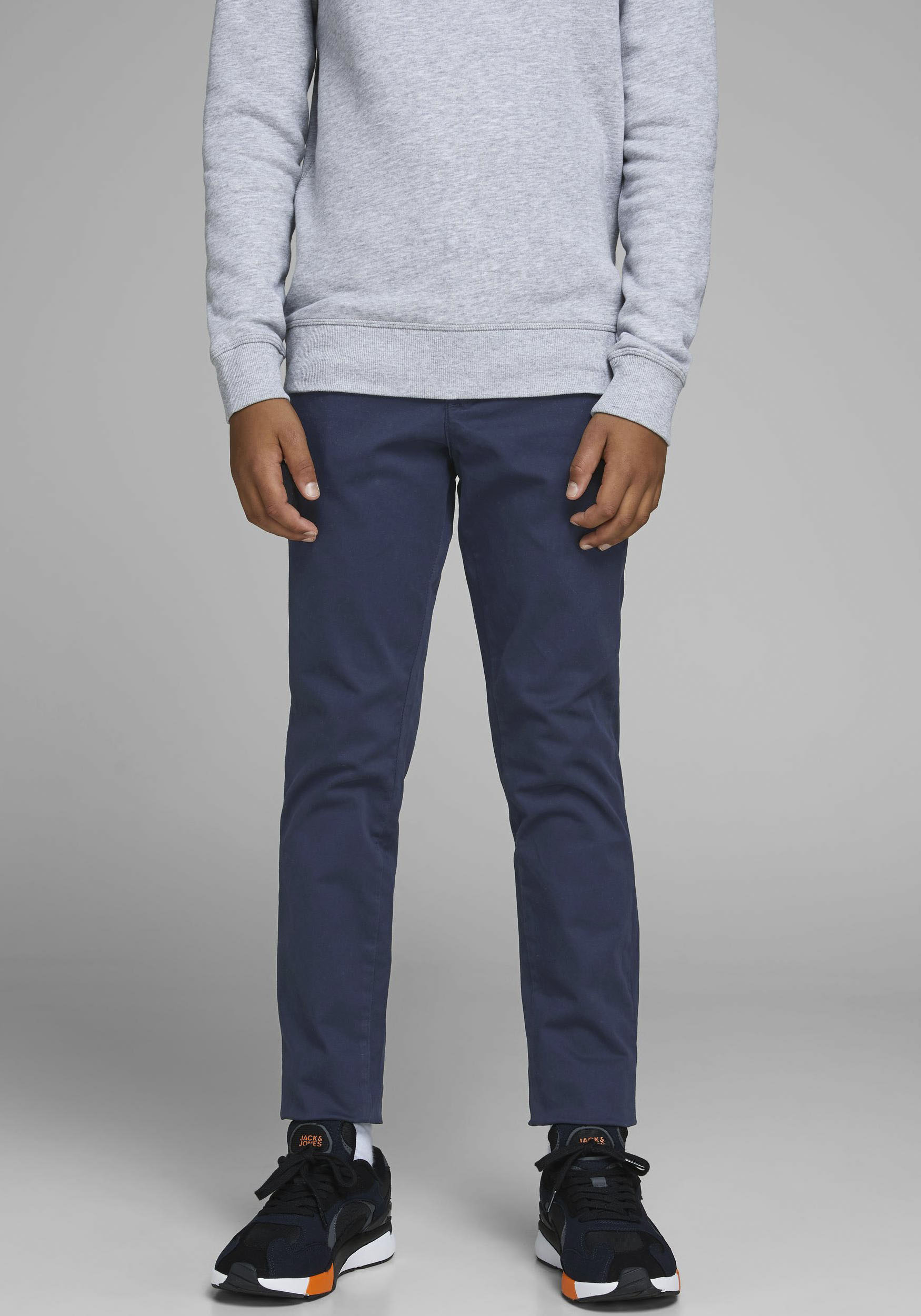 Chinos JACK & JONES JUNIOR "JPSTMARCO bequem, elastisch, pflegeleicht", Jungen, Gr. 158, N-Gr, blau (navy blazer), Web, Obermaterial: 98% Baumwolle, 2% Elasthan, unifarben, slim fit normal, Hosen Anzughose, unifarben, casual, slim fit, Web Image