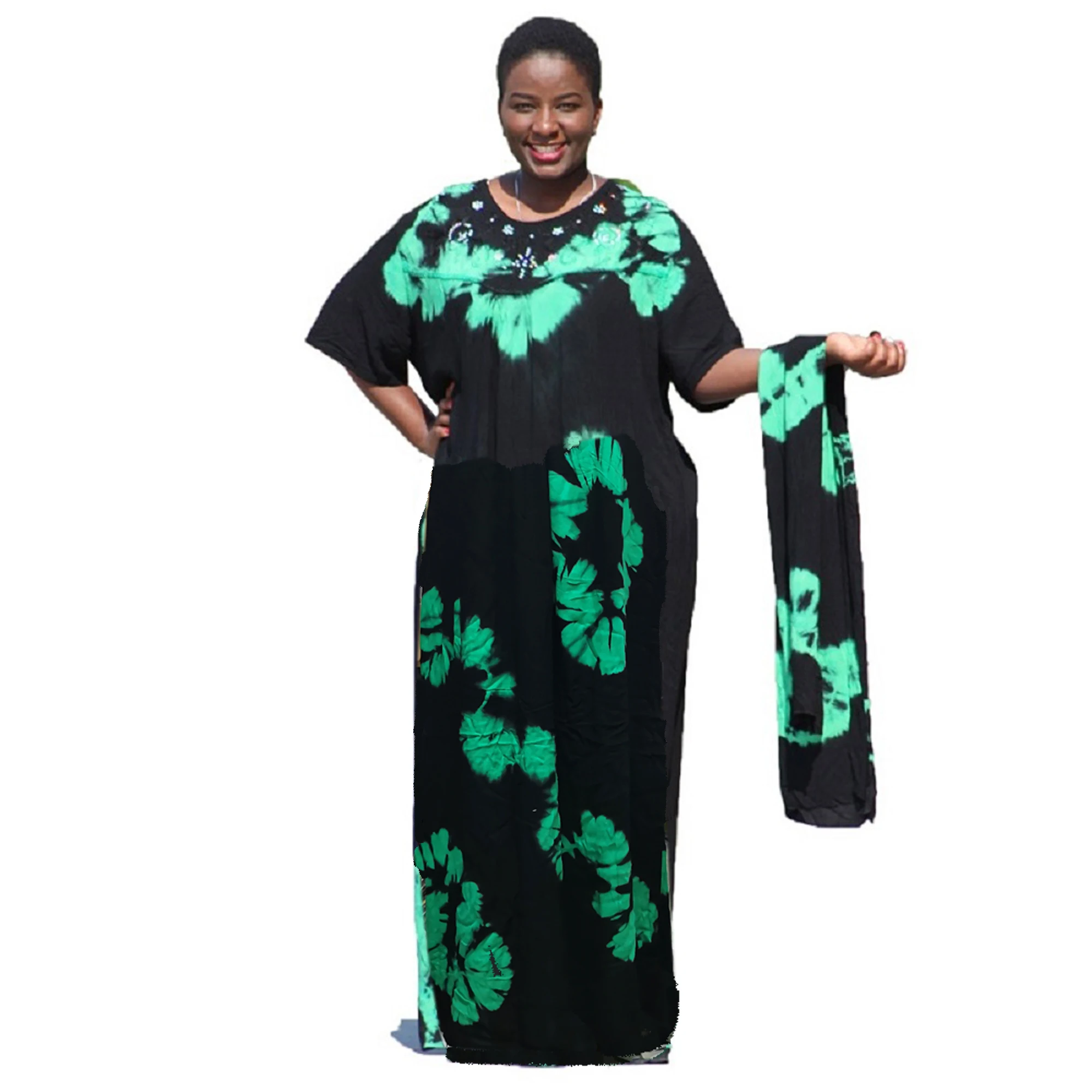 Kurzarm 100% Baumwolle Mode Damen afrikanische Krawatte sterben Sommer Batik Kleid grün Samiraa mit Kopftuch Cover chief