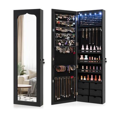 Costway Lockable Wall Mounted Mirror Jewelry Armoire with 5 LEDs and 6 Drawers-Black