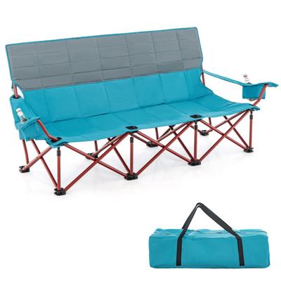 Costway 3 Person Folding Camping Chair with 2 Cup Holders Cotton Padding & Storage Bag-Blue