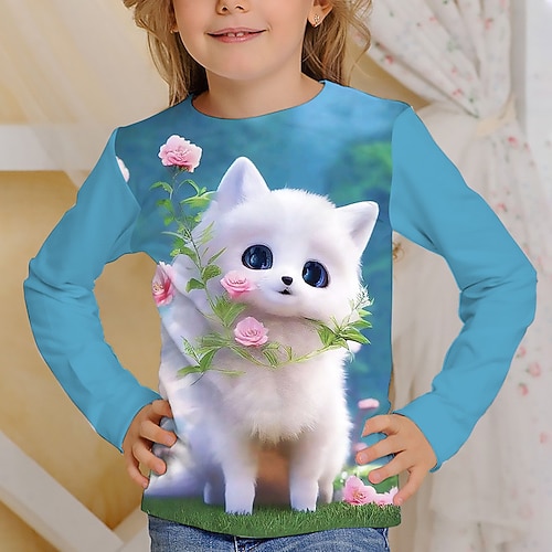 Mädchen 3D Blumen Karikatur Katze T-Shirt Langarm 3D-Druck Sommer Herbst Aktiv Modisch Kuschelig kinderkleidung 3-12 Jahre Outdoor Casual Täglich Regular Fit Image