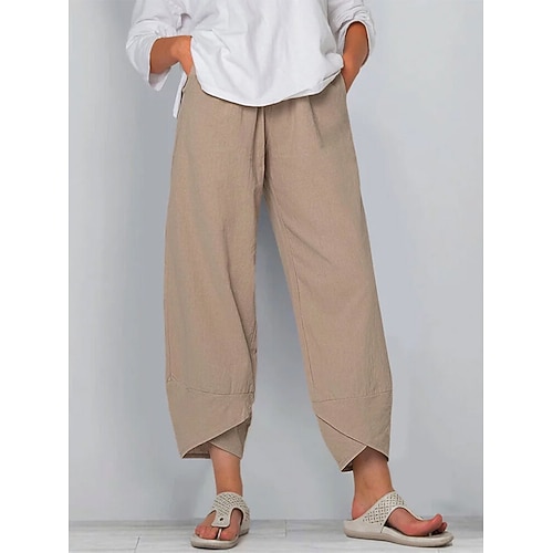 Damen-Caprihose aus 100 % Baumwolle, Sommerhose, lässige Alltagshose, knöchellang, naturfarben, schlicht, Seitentaschen, atmungsaktiv, bequem, ohne Gummizug, für Wochenende, schwarz, weinrot, grün, khaki, Frühling Sommer Image