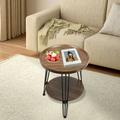 End Table for Living Room Round Walnut Indoor/Outdoor Side Table with Storage Space