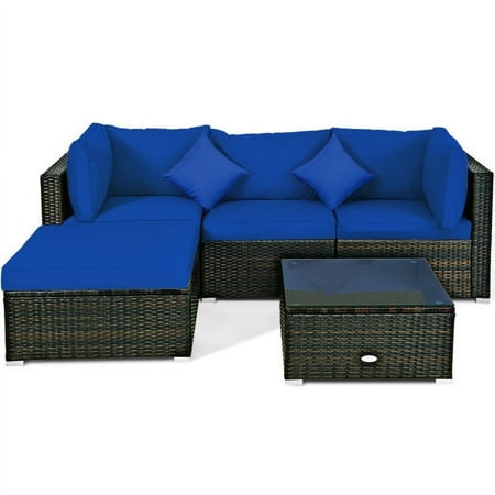 Spaco 5 Pcs Outdoor Patio Rattan Furniture Set Sectional Conversation with Navy Cushions-Navy Wicker Furniture Conversation Sets Coffee Table for Garden Poolside Backyard