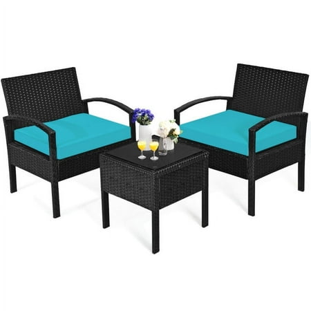 GVN 3 Piece Patio Conversation Bistro Set Balcony Furniture Outdoor Rattan Patio Chairs Set with Side Table Rattan Patio Set for Garden Porch Yard Turquoise