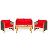 GVN 4 Pieces Acacia Wood Outdoor Patio Furniture Set Balcony Furniture Outdoor Rattan Patio Conversation Set for Cushions-Red