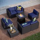 PHI VILLA Patio Furniture Set 9 Pieces Outdoor Sectional Rattan Sofa with Gas Fire Pit Table Wicker Patio Conversation Set with Coffee Table CSA Approved Propane Fire Pit(Furniture Cove