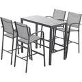 Orange-Casual 5-Piece Patio Bar Set All-Weather Aluminum Textile Fabric Outdoor Dining Table and Chairs 4 Height Metal Bar Stools with Glass High Top Coffee Table for Porch Garden Da