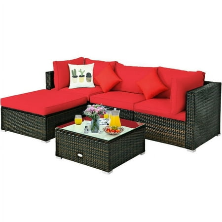 Spaco 5 Pcs Outdoor Patio Rattan Furniture Set Sectional Conversation with Navy Cushions-Red Wicker Furniture Conversation Sets Coffee Table for Garden Poolside Backyard
