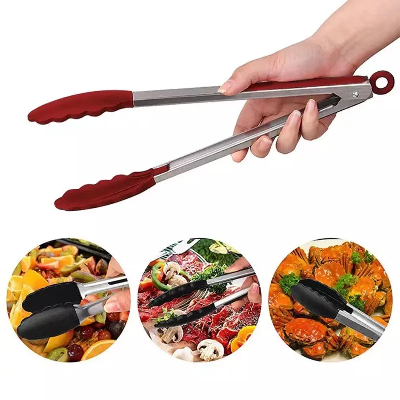 9-Zoll-Silikon-Lebensmittelzange Küchen grill Edelstahl Lebensmittel qualität Silikons pitze rutsch feste Lebensmittel zange für Grill-Salat brote Image