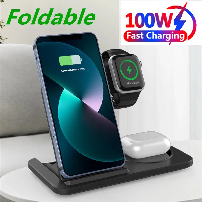 3 in 1 100w kabelloser Ladest änder für iPhone 15 14 13 12 Pro Max Apple Watch 8 7 se Airpods faltbare Schnell ladestation Pad Image