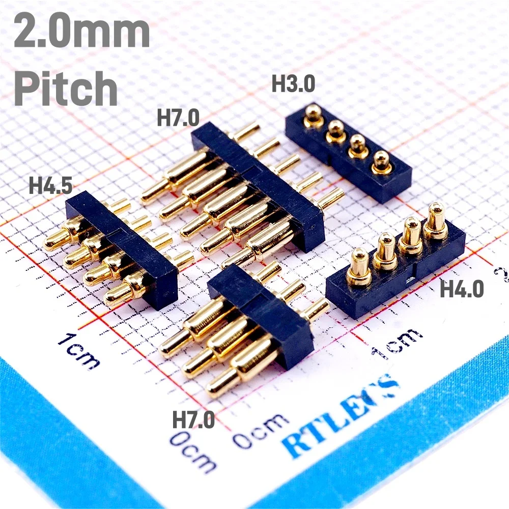 Federbelasteter Pogo-Pin-Stecker, 2,0 mm Rastermaß, 2, 3, 4, 5, 6 Pins, Durchgangslöcher, PCB, SMD, Höhe 3, 4, 4,5, 7 mm, modulare Kontaktleiste Image