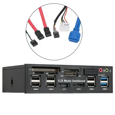 Multifunktions-USB 3.0-Hub, eSATA-SATA-Port, interner Kartenleser, PC-Medien-Frontplatten-Audio für SD MS CF TF M2 MMC-Speicherkarten Image