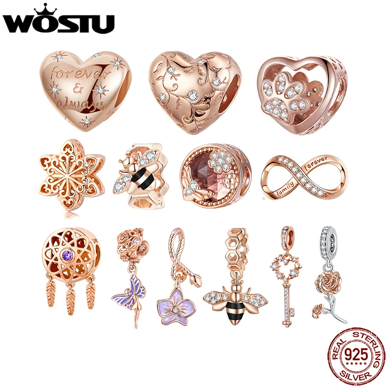 WOSTU-Perles en argent regardé 100% pour toujours et toujours, breloque en or rose, convient au bracelet original, pendentif bricolage, bijoux exécutifs, 925