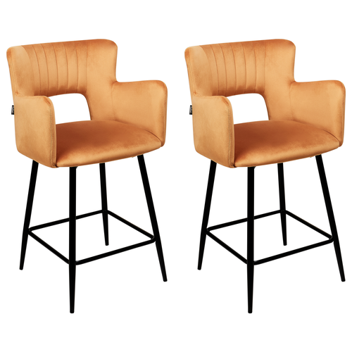 Barstuhl Orange Samtbezug Gesteppt mit Rückenlehne Armlehnen Fußstütze Modern Glamourös Wohnzimmer Esszimmer Küche Thekenstuhl Barhocker