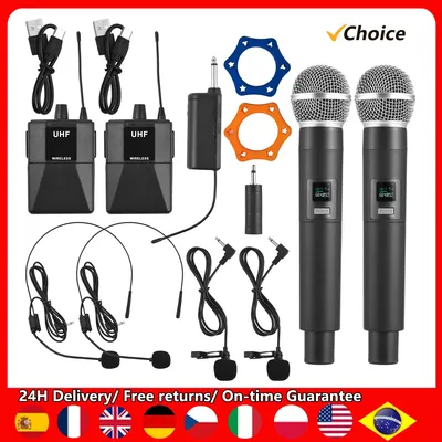 Wireless Microphone Professional UHF Mic System Dual Microphone Receiver Wearable Transmitter