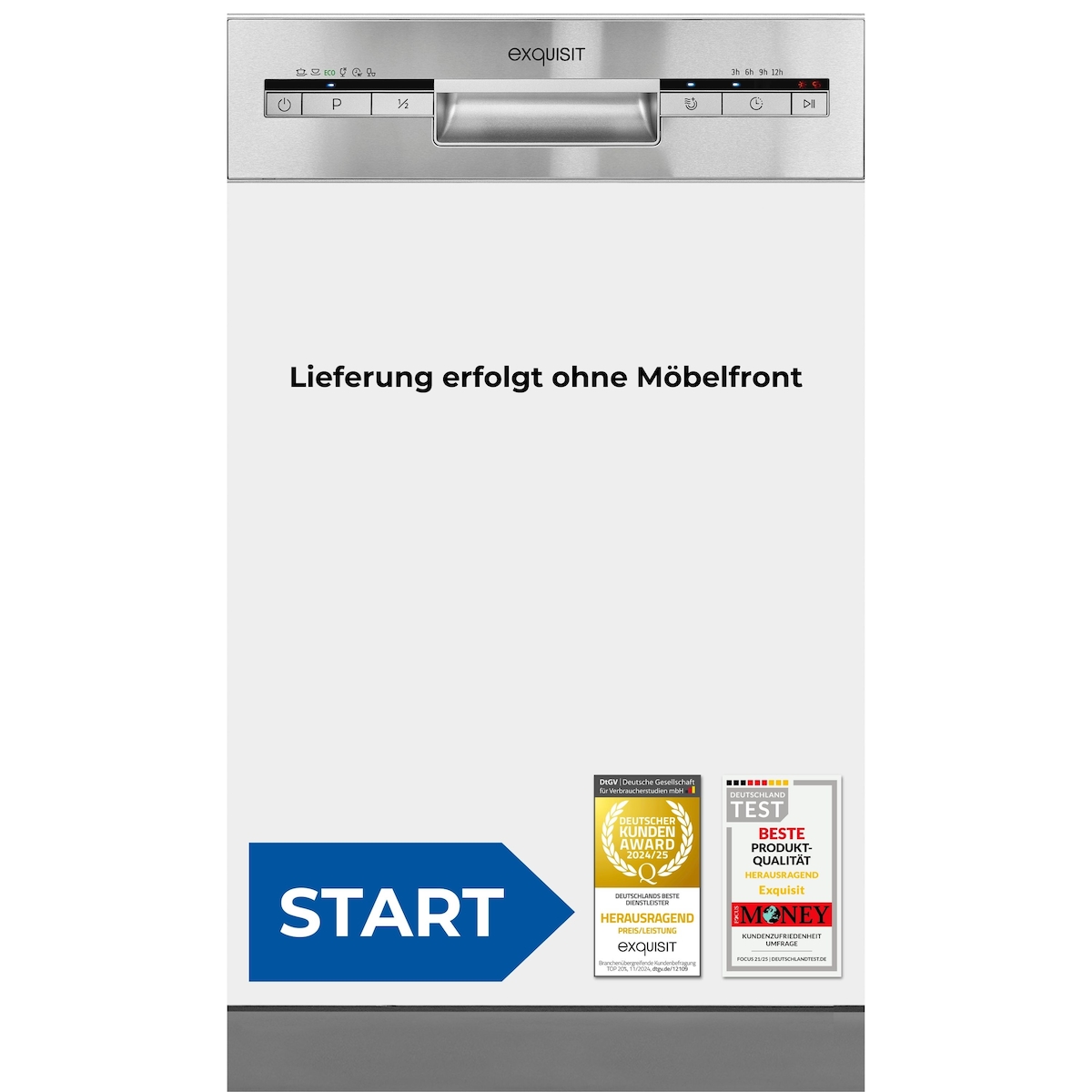 Exquisit START Einbaugeschirrspüler 45 cm, Teilintegriert, 9 Maßgedecke, 9 Liter, Startzeitvorwahl, ECO-Modus, EGSP51009-EB-030E inox Image