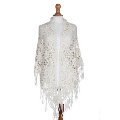 'Hand-Crocheted 100% Alpaca Floral Shawl in Ivory from Peru'