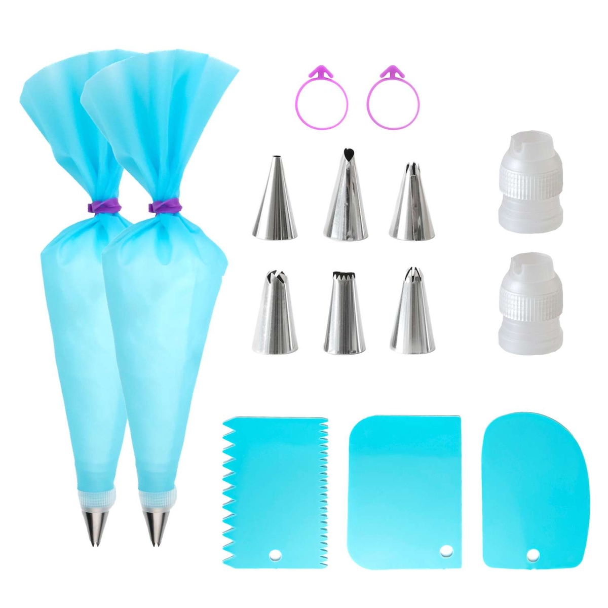 Intirilife 15-teiliges Spritzbeutel Set aus Silikon mit Edelstahl Tüllen - Beutel 17 x 30.5 cm - Wiederverwendbares Backzubehör für Glasur Image