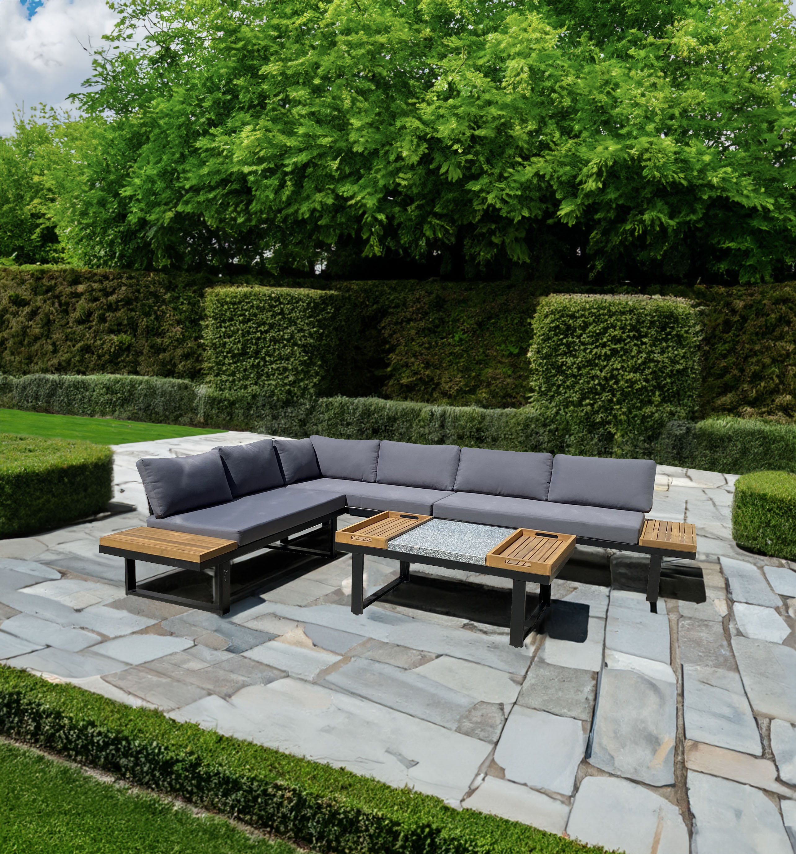 Gartenlounge-Set GARDEN PLEASURE "Lounge-Gruppe »MERIDA«", braun (braun, grau, schwarz,), Aluminium, FSC-zertifizierter Holzwerkstoff, Sitzmöbel-Sets, 1 Ecklounge, Tisch LxB: 110x65 cm