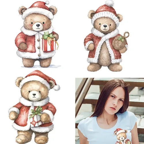 Cartoon schöne Weihnachten Plüsch Teddybär dtf Eisen auf Patches Eisen auf Patches für Kleidung