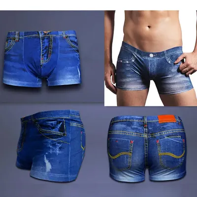 Herren Shorts Boxer Denim Muster Gefälschte Jeans Druck Baumwolle Männer Slips Unterwäsche Unterhose Sommer Männlichen Sexy U Konvexen Beutel Boxer Image