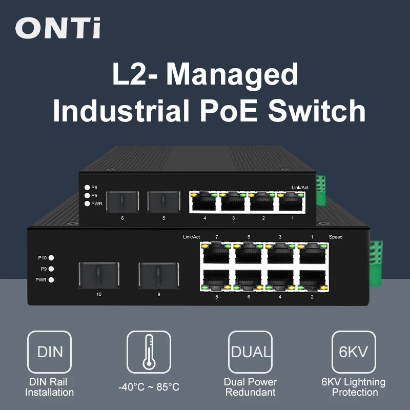 Onti-industrieller PoE-Switch, 4/8-Port, 10/100/1000 Mbit/s + 2 Gigabit-SFP-Steckplätze, Din-Schiene, IP40-Standard, iee802.3af/at Image