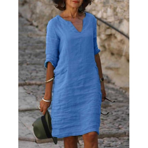 Damen Midikleid Kunstbaumwollleinen Shiftkleid Freizeitkleid Basic Klassisch Täglich Outdoor Urlaub Normale Passform Einfarbig Halbarm V Ausschnitt Blau Gelb Rosa Grün Sommer Frühling Image