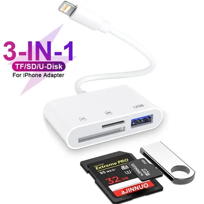 3 In 1 USB SD TF Memory Card Reader For iPhone 15 11 14 Pro Max OTG Adapter For iPad Camera Photo