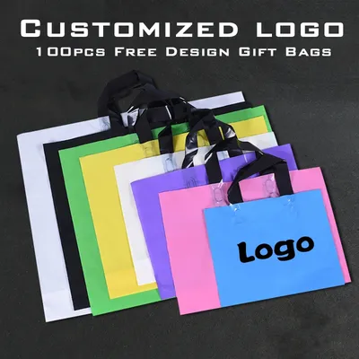 100Pcs/lot Customized Logo Plastic Bags with Handle Shopping Packaging Bags Gift Bags For Business