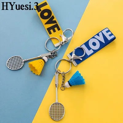 Sports Badminton Keychain Mini Metal Tennis Ball Racket Pendant With Keyring Love Wrist Strap