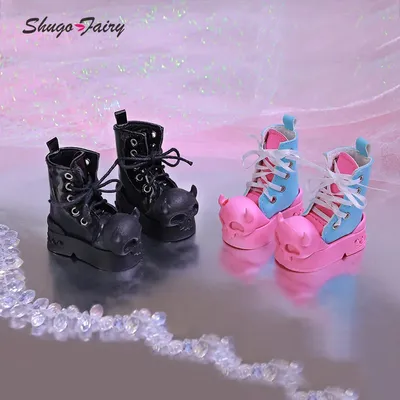 Shuga Fairy Halloween Devil Shoes for 1/4 Slim Una BJD Doll Mini Toy High Boots Black and Pink