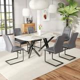 1 Table And 6 Chairs Set.A Rectangular Dining Table With A 0.39-Inch Imitation Marble Tabletop And Black Metal Legs.Paired With 6 Chairs With Pu Leather Seat Cushion And Black Metal Leg