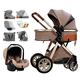 3 in 1 Baby Stroller Carriage for Newborn, Baby Stroller Upgraded Infant Single Bassinet Seat Toddler Pram Stroller Luxury Pushchair with Rain Cover, Footmuff, Mosquito Net (Color : Khaki) (Khak