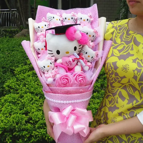 Sanrio Hallo Kitty Abschluss Hut Bouquet Plüsch Stofftier Abschluss Hüte Puppe niedlichen Schaum
