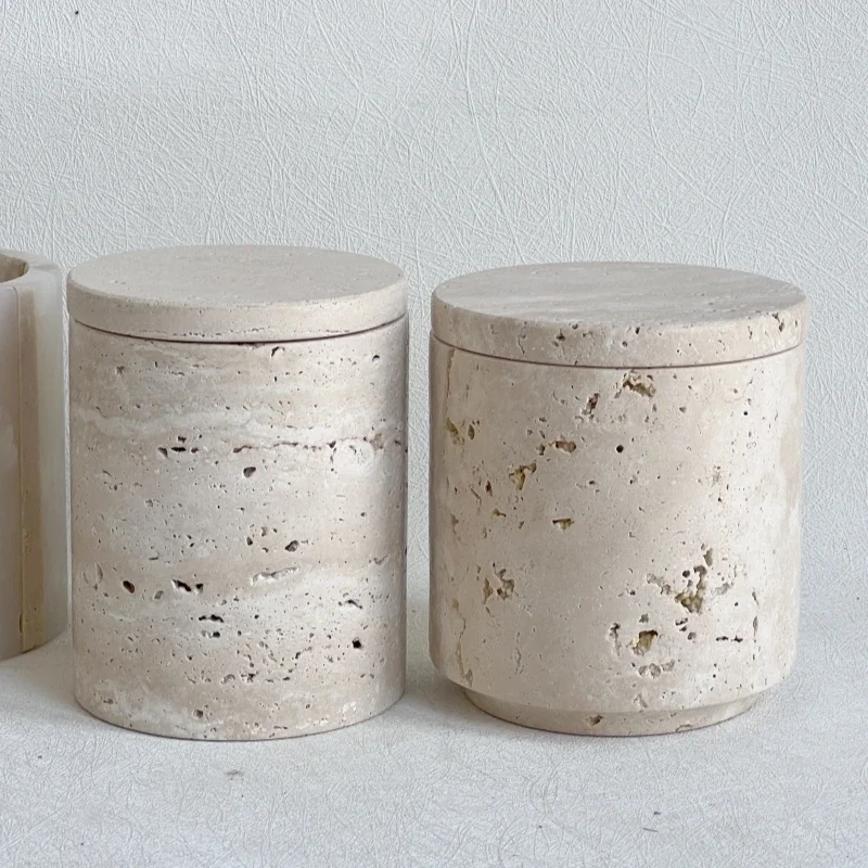 D9x 11,5 cm wabi-sabi beige Travertin Marmor gläser Stein gefäß Lagerung Kerzen tank mit Deckel und Boxen Verpackung Image