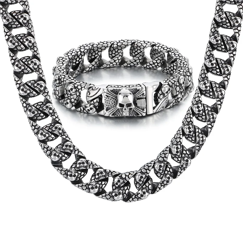 Fongten Gothic Schädel Armbänder Halskette Für Männer Edelstahl Serpentin Skeleton Silber Farbe Männlichen Schmuck Set Großhandel
