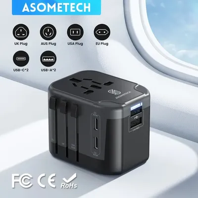 ASOMETECH International Travel Adapter USB Charger 2 USB and 2 Type C Port All-in-one Wall Charger
